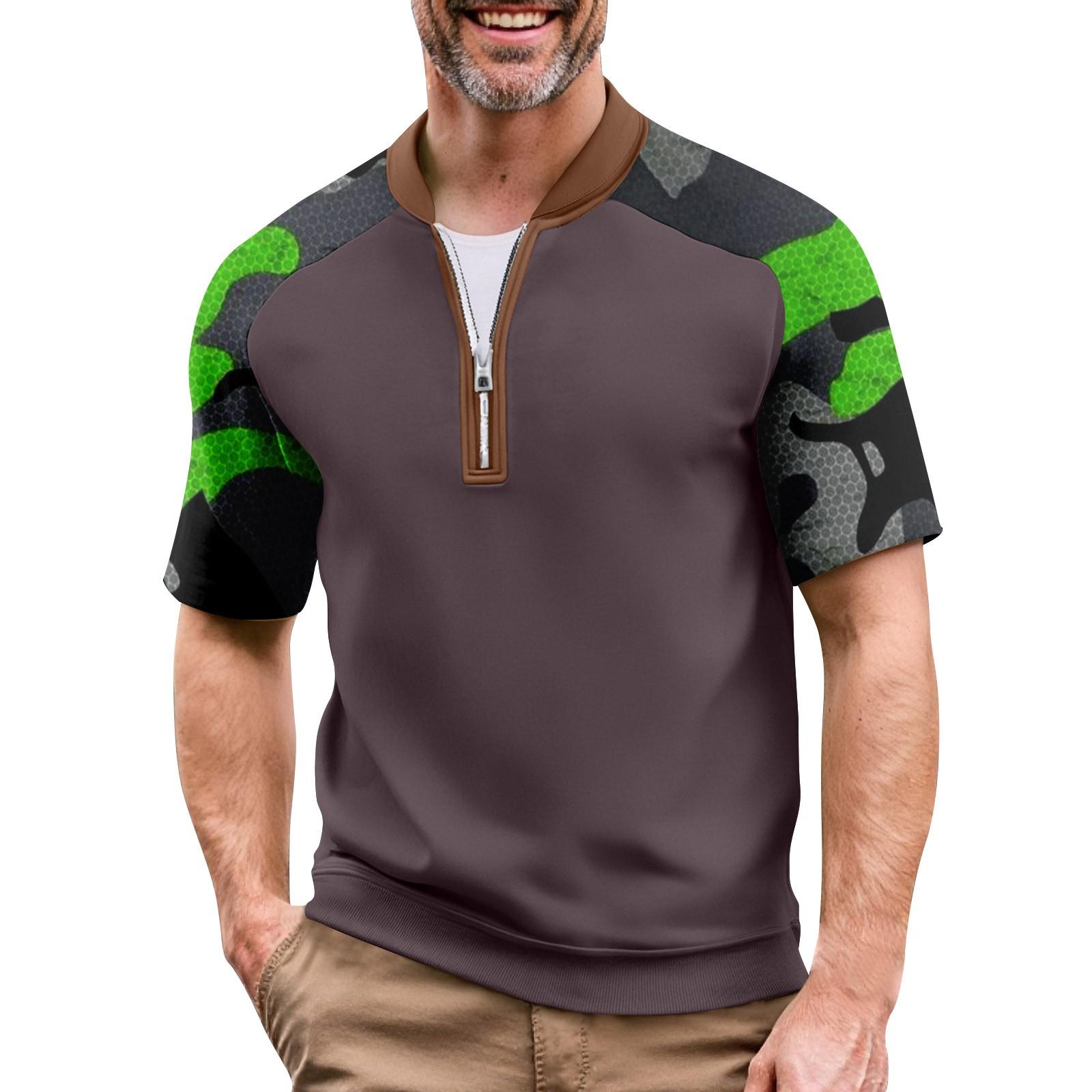 

Men s Summer Camouflage Color Casual T-shirt Sports Breathable Zipper Collar Top M зелений