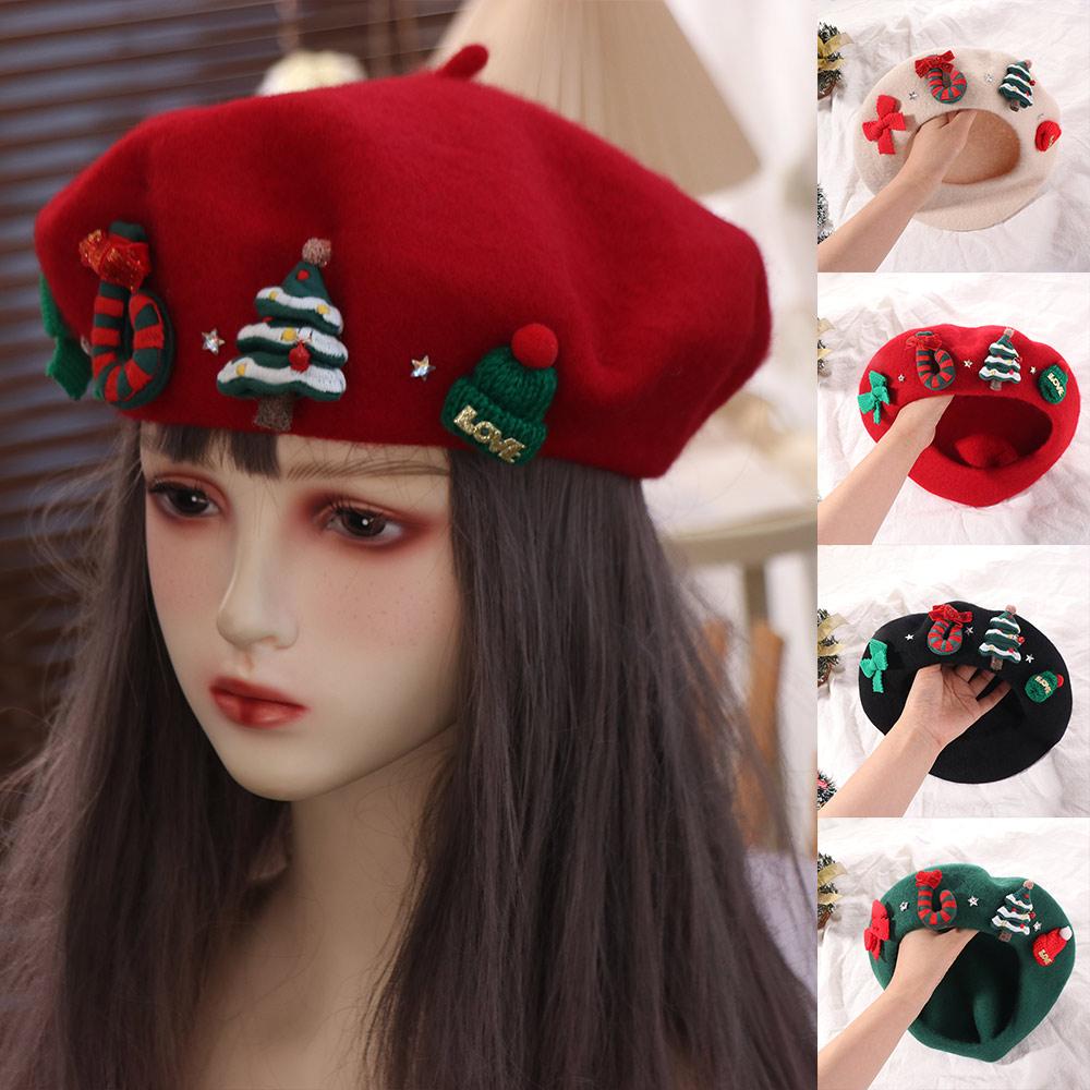 Red Green Christmas Beret Hat Sweet Xmas Painter Hat Winter Christmas Beret Cap Girls