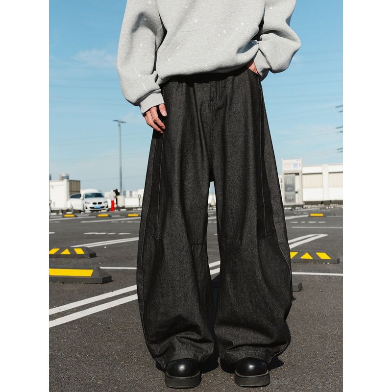 Wassup Trendy Retro Distressed Pure Black Scimitar Jeans for Men and Women, American Hip-Hop Style, Drapey Wide-Leg Long Pants