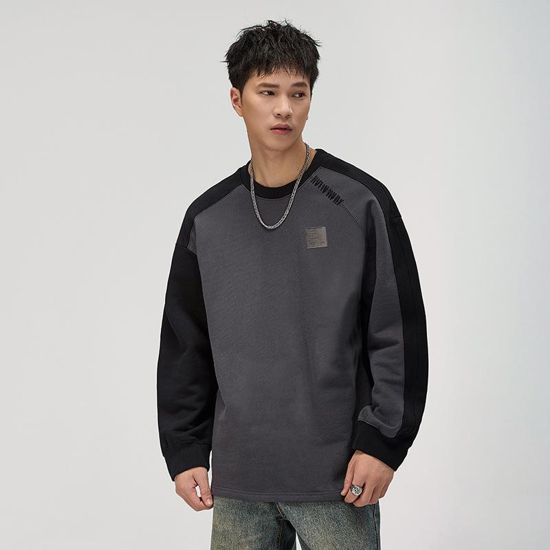 High-End 420G Heavy Splicing Design Long-Sleeved Sweater Men'S Contrasting Color Loose Casual Top