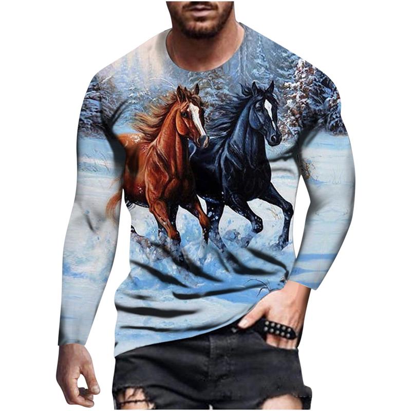 

Cool Horse Pattern Men s Trendy Stylish T-Shirt, Outdoor Casual Fashionable Comfortable Long Sleeve, 3D Printed Crew Neck Breathable Top 6XL