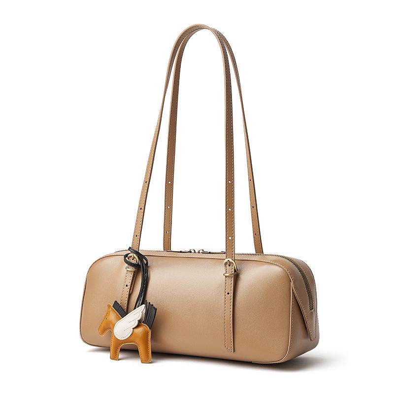 Genuine Leather Women s Bowling Bag: Retro, Versatile, Vegetable-Tanned Cowhide Handbag 33x11x13 cm абрикосовый