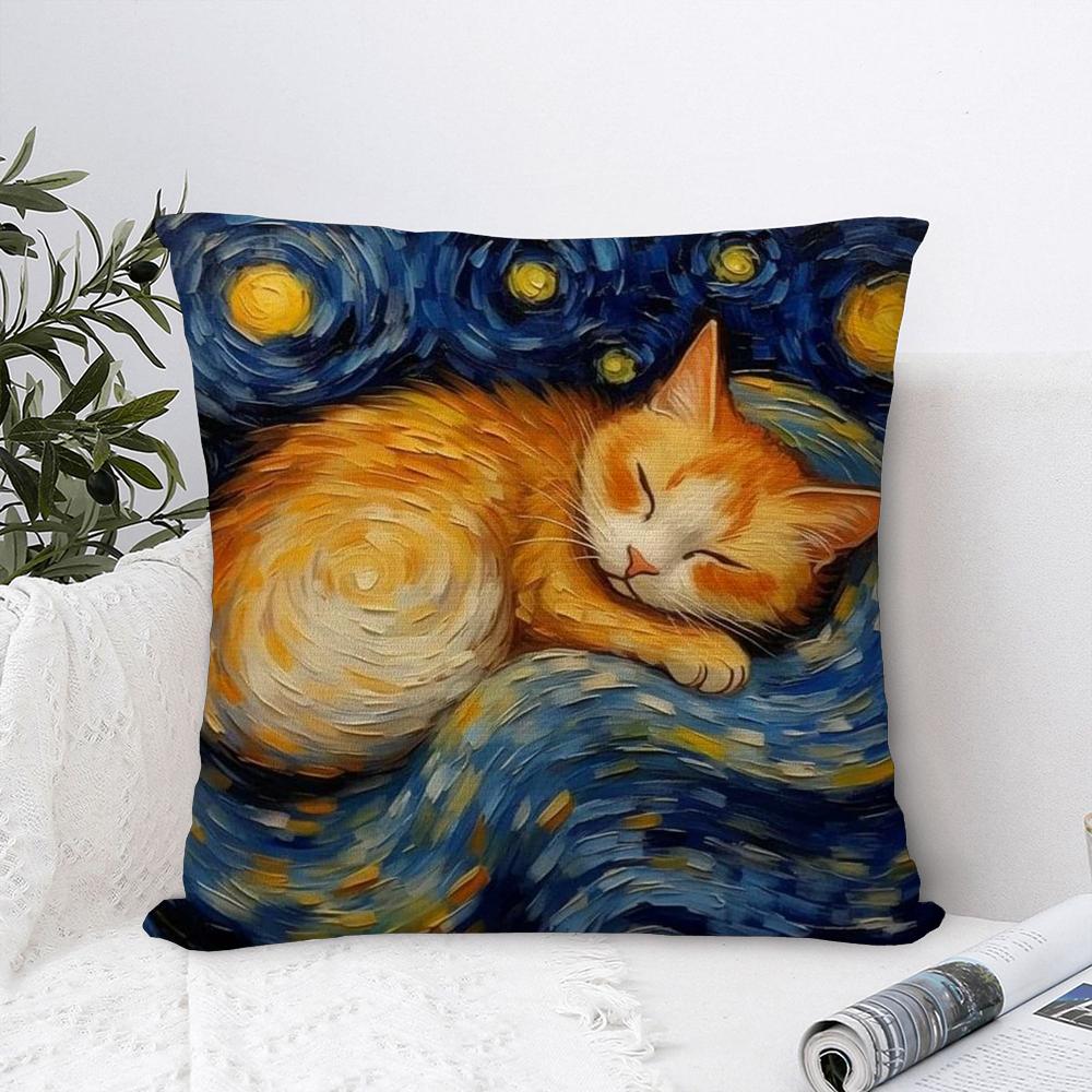 Van Gogh Starry Sky Cat Pillow Case Sofa Decorative Home Double-sided Print Plush Square Throw Pillow Covers Cushion Decor Cover
