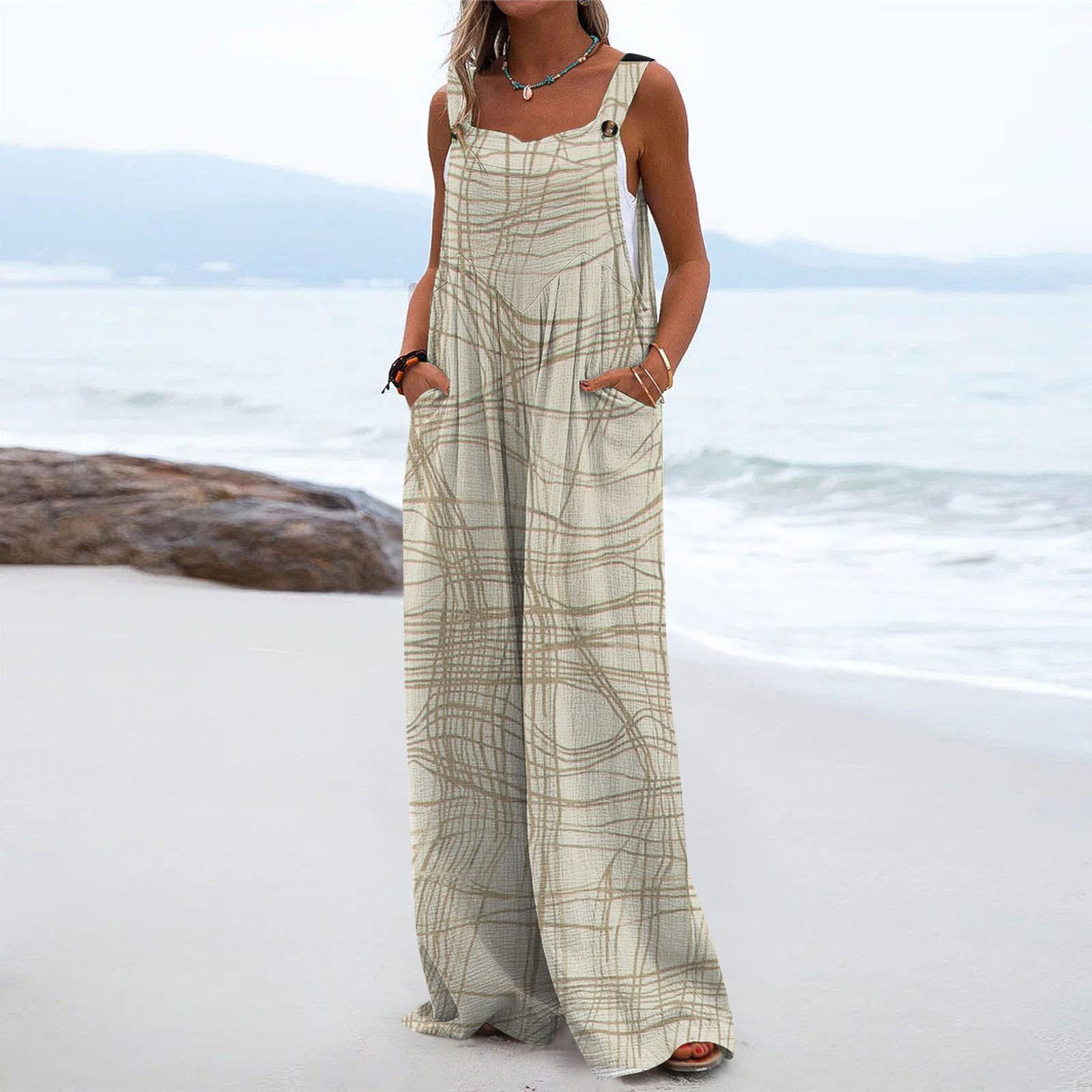 

Женский комбинезон на пуговицах с принтом, повседневные свободные комбинезоны без рукавов с карманами L бежевый