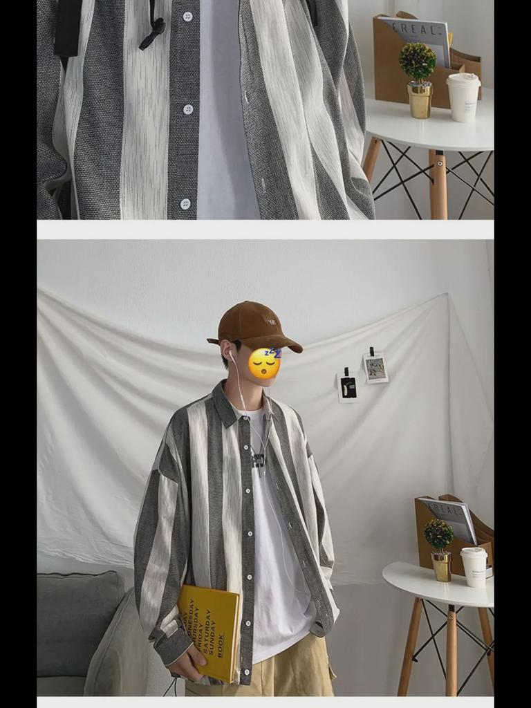 Korean Style Men's Long-Sleeved Vertical Stripe Shirt - Casual, Loose, Trendy for Spring & Autumn
