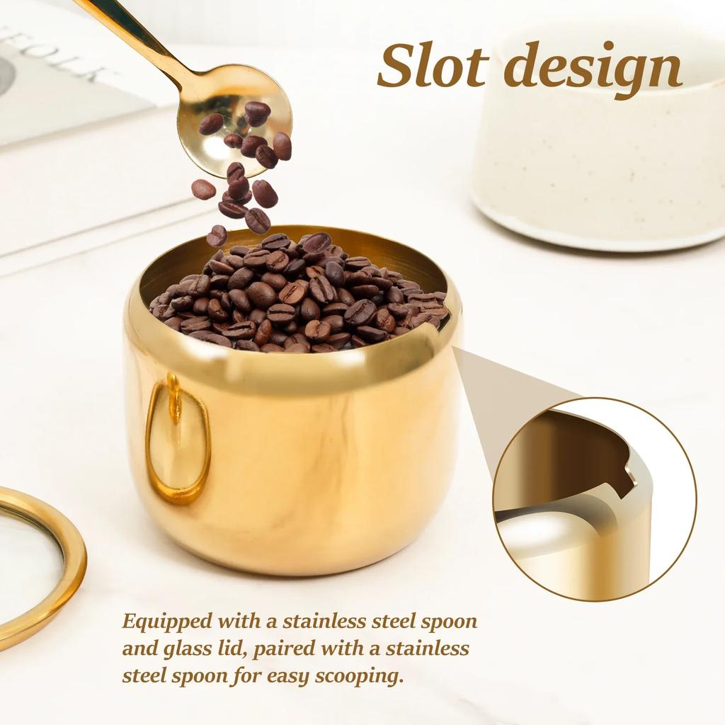 10oz Sugar Jar 304 Stainless Steel Seasoning Container with Clear Glass Lid&Spoon Multifunctional Pot for Salt Candy Coffee Bean