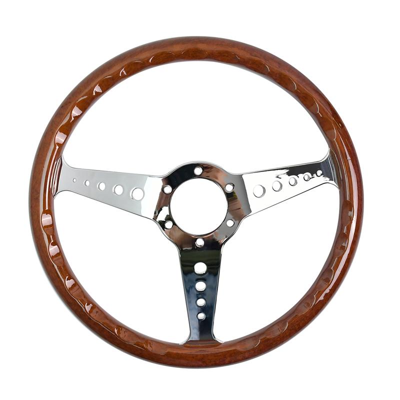 Volante Retrò Classico Effetto Legno 350mm Argento 3 Raggi Foro Tondo Staffa Volante da Corsa con Linee Gialle