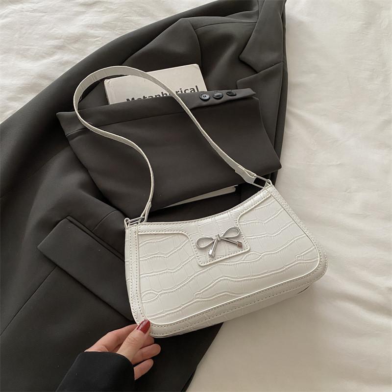 Color Simple Solid Bow Decoration Crocodile Texture Women Casual Shoulder Bag
