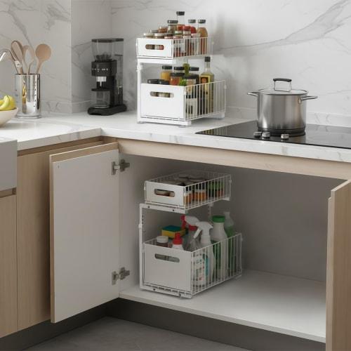 YOKELLMUX Under-Sink Storage Drawer, 2-Tier, Sliding Under-Sink Storage Rack, Under Kitchen/Sink/Bathroom/Stovetop Storage, Adjustable Height, Easy As