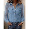 Spring New Women's Fashion Casual Faux Denim Patchwork Chiffon Long-sleeve Top