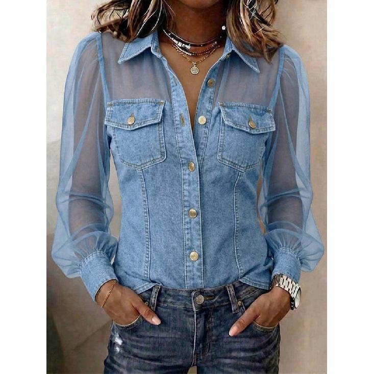 Spring New Women's Fashion Casual Faux Denim Patchwork Chiffon Long-sleeve Top