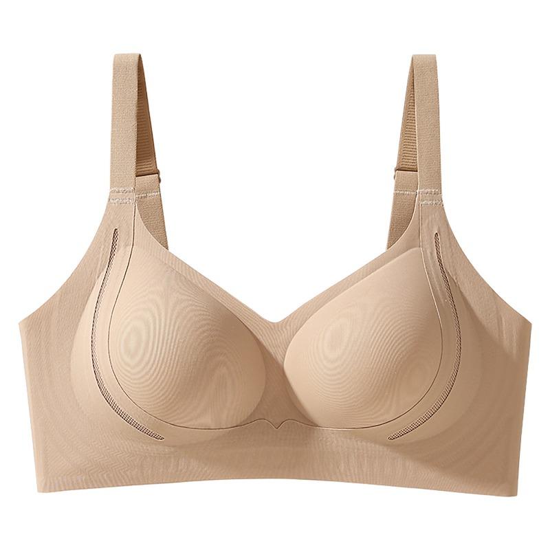 Nude Seamless Supportive Bra with Wide Adjustable Straps and Mesh Detailing
