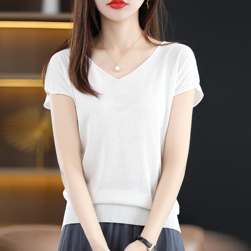 2023 Women's Ice Silk V-neck Summer Top: Short Sleeve T-shirt & Sleeveless Knitted Vest