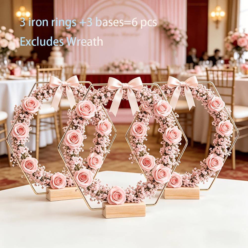 Bohemian-Style Hexagonal Golden Metal Flower Stand with a Natural Solid Wood Base, Suitable for Wedding Table Decor, Bridal Shower Decorations