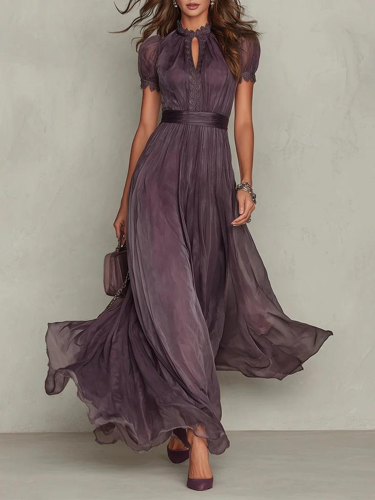 New Style Purple Gradient Long Dress with High Neck Lace Patchwork Flowy Chiffon Evening Gown