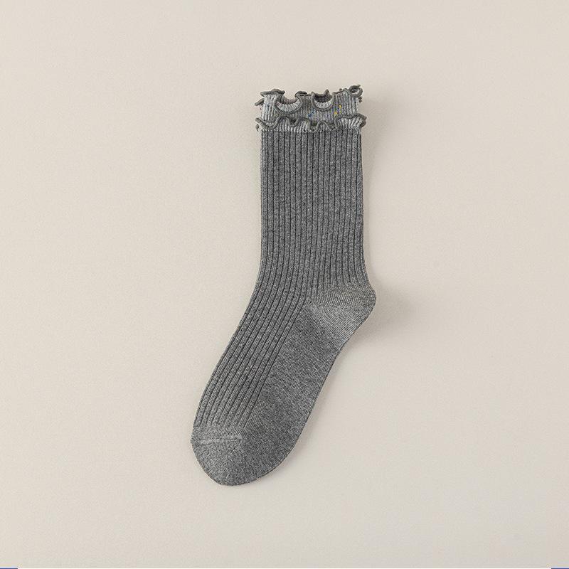 

Женские весенне-осенние милые кружевные носки с бантом, в полоску, с тканевой этикеткой с буквой, средней длины, цилиндрические махровые носки 1 pair серый