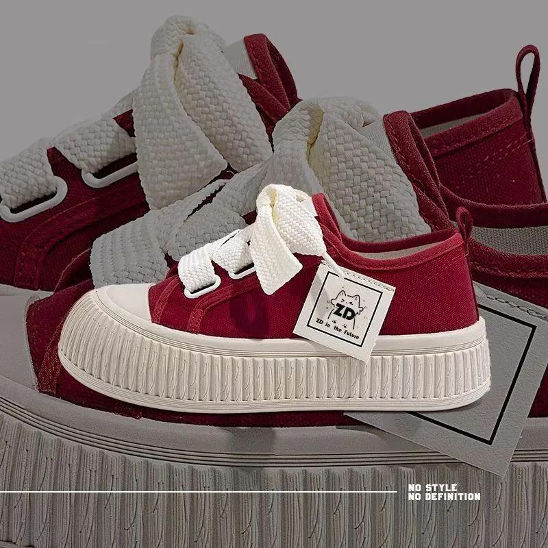 

Модные кроссовки Женская обувь для женщины Толстая подошва парусиновые туфли 2025 Новый тренд Леди Дышащие белые кеды Студенческие повседневные кеды 35 красный