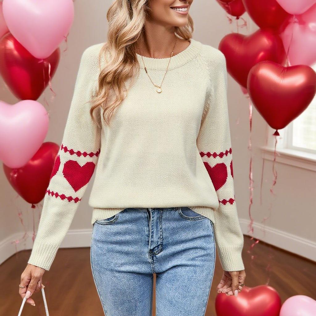 Europe, America, autumn and winter new sweater women's clothing long-sleeved love jacquard crew neck pullover top