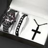 Watch Men'S Calendar Steel Strap Large Dial Simple Bracelet Cross Necklace Set