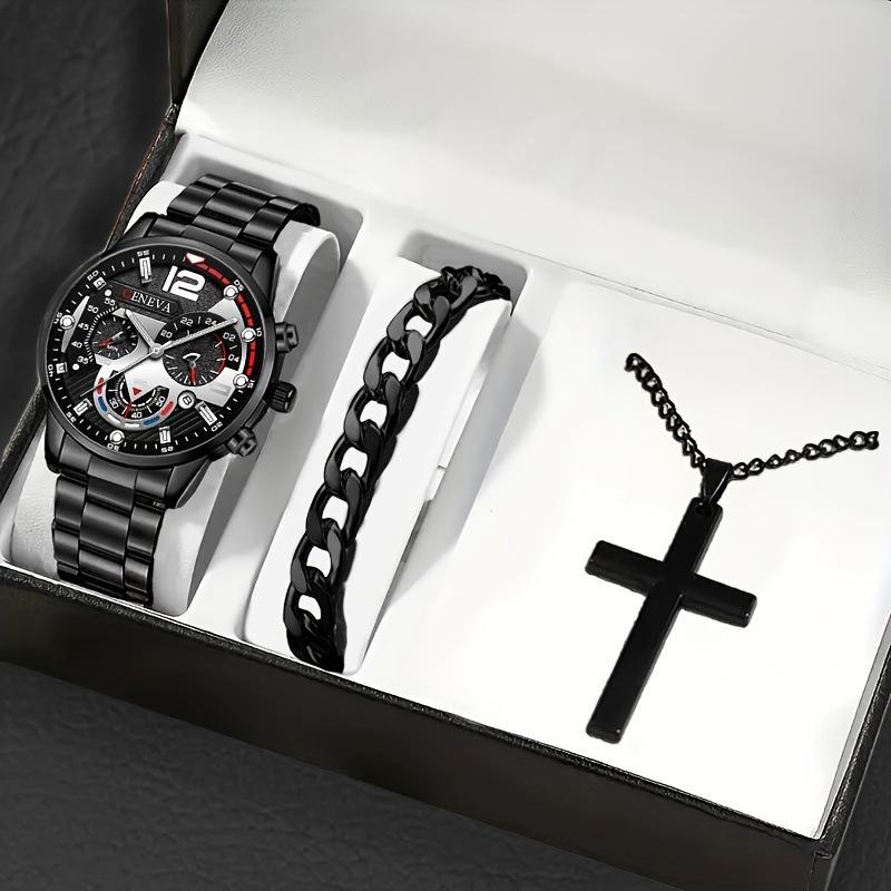 Watch Men'S Calendar Steel Strap Large Dial Simple Bracelet Cross Necklace Set