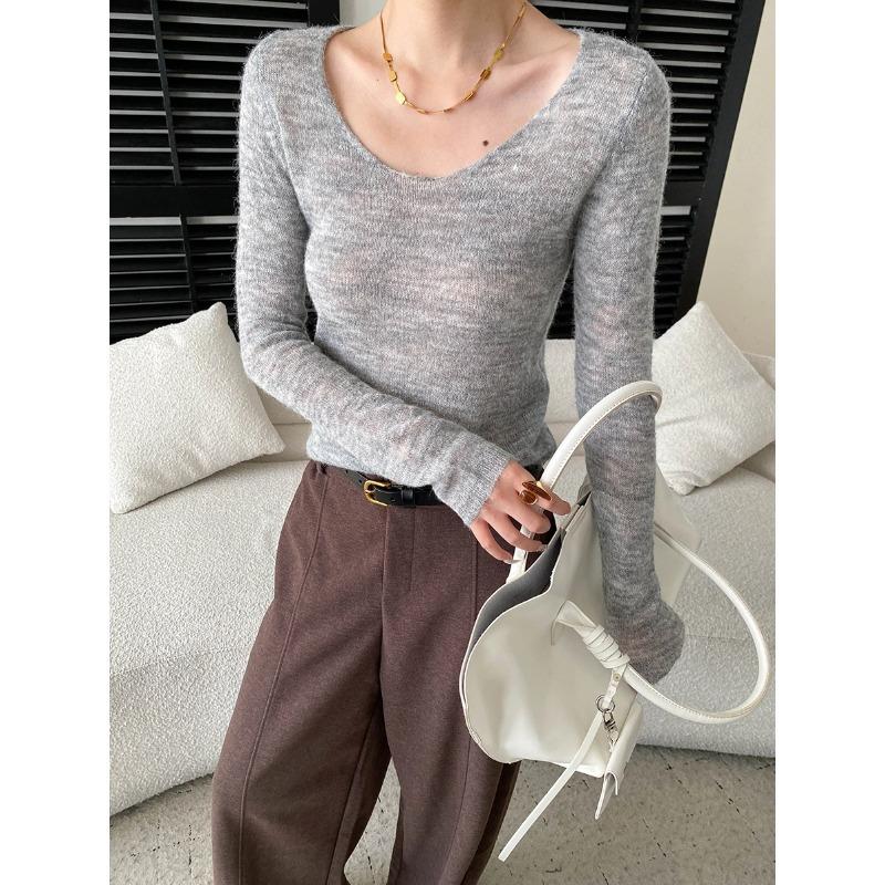 U Neck Slim Fit Long Sleeve Knit Sweater Basic Top