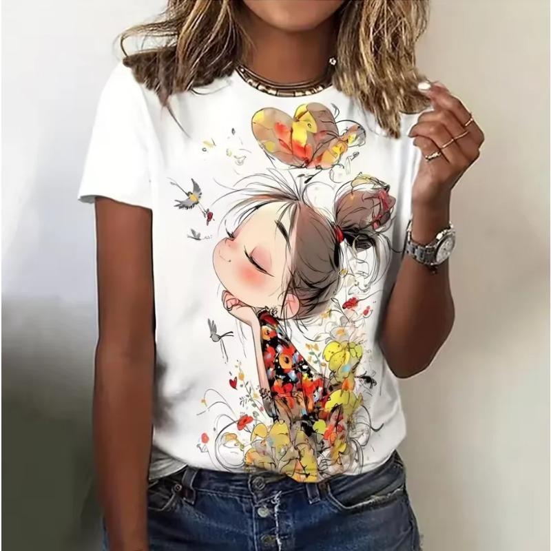 

Летний топ с круглым вырезом и 3D-принтом с рисунком аниме-девушки, модные повседневные женские футболки с коротким рукавом 6XL