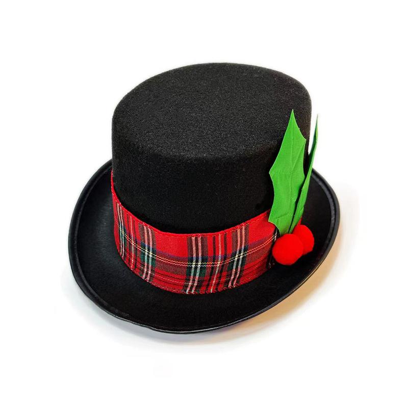 New Christmas Tree Top Hat Ornament Decoration Snow Man Headwear Wide Brim Fedora Hat Red Plaid Berry Hat Cosplay Party Dress Up