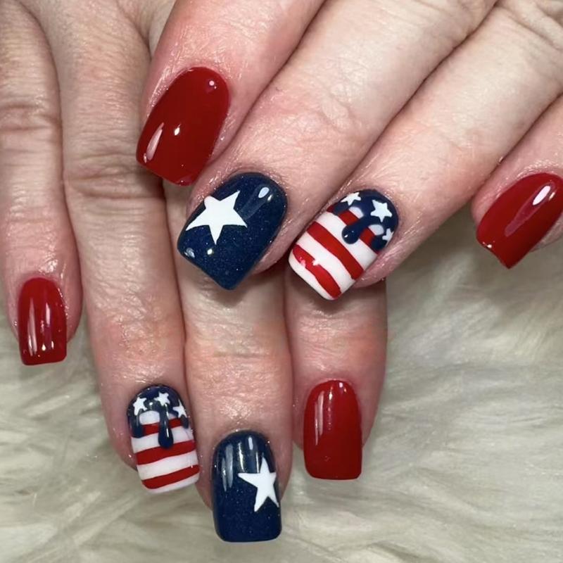

Independence Day Short Square False Nail Glossy White Star Designs 24Pcs Press on Nail Manicure for Women and Girls 1