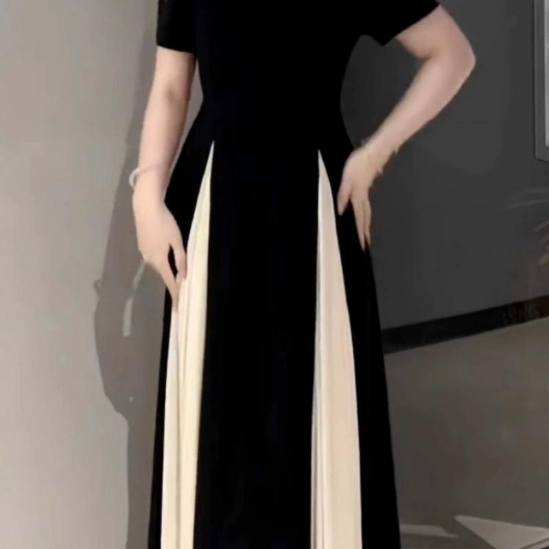 Großes französisches Mesh-Patchwork-Chic-Kleid für Damen im Sommer, mit einem fülligen und taillenförmigen Temperament, kleines schwarzes Kleid