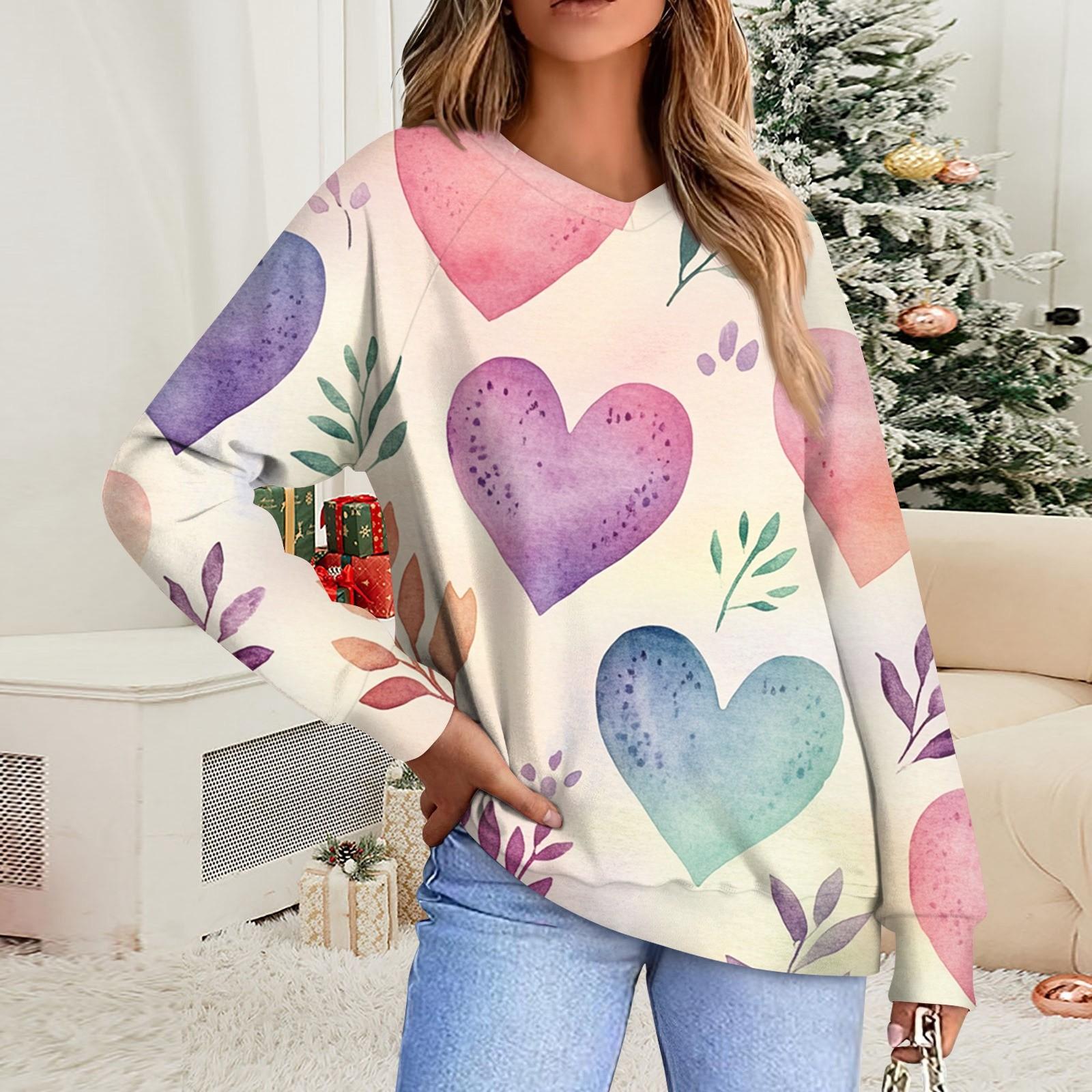 

Женская повседневная мода комфорт с манжетой V-образным вырезом с принтом ко Дню святого Валентина пуловер с капюшоном L бежевый