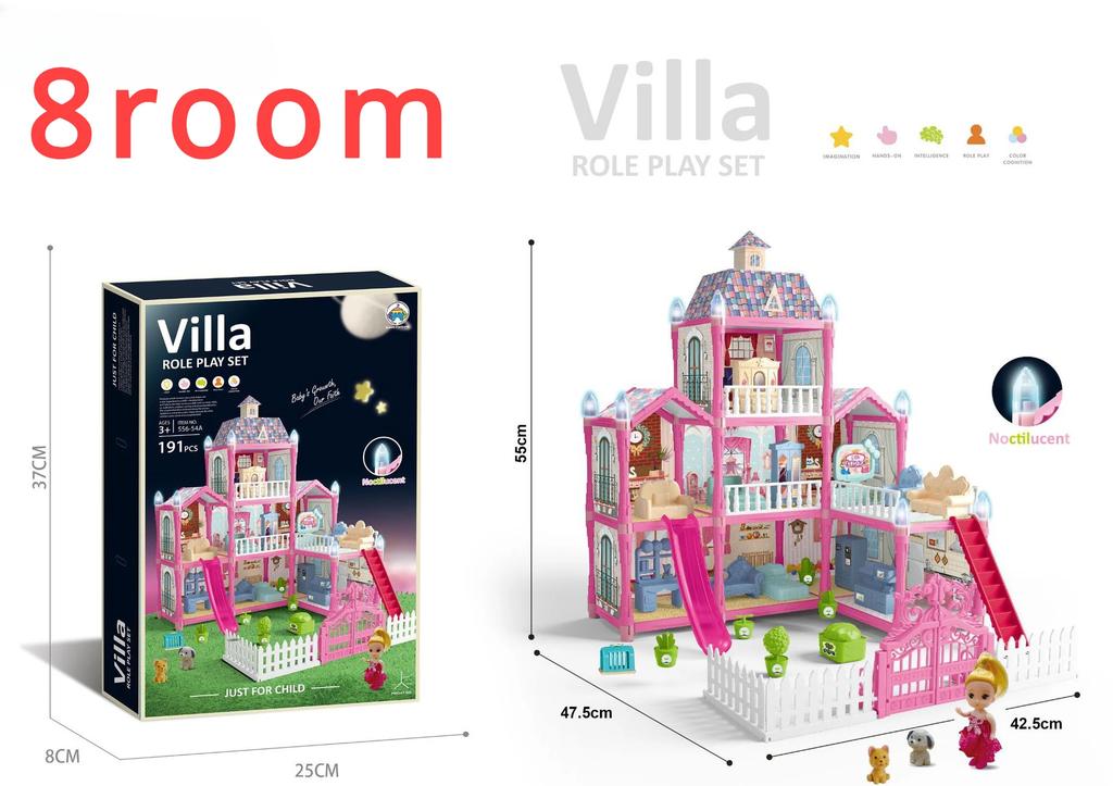 Doll House For Girls 2/8 Rooms Dollhouse With Dolls Figurine Furnitures Led Light Toddler Playhouse Chrsitmas Present For Kids Child