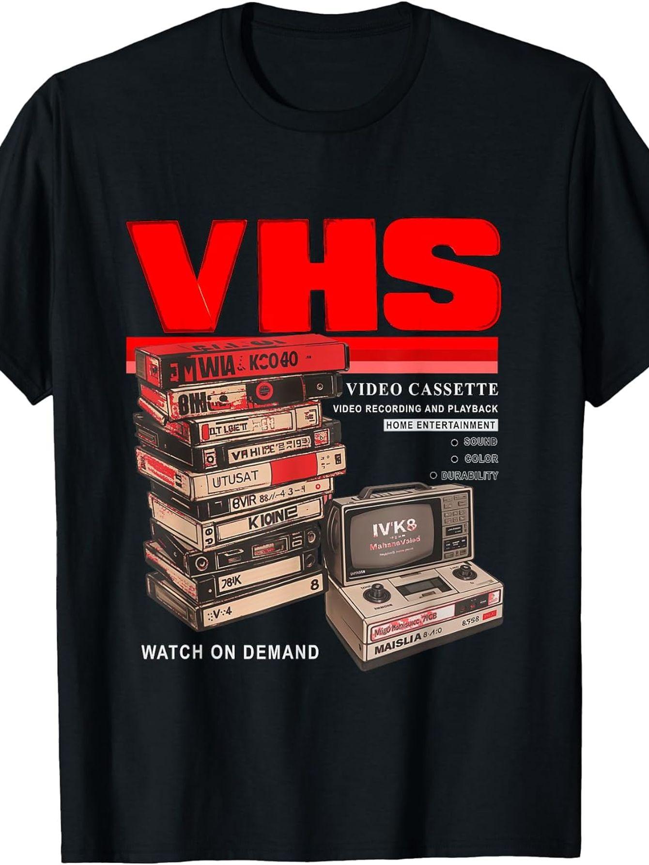 

Red VHS And Chill Red Graphic Crew Neck T-Shirt with a Trendy Design L