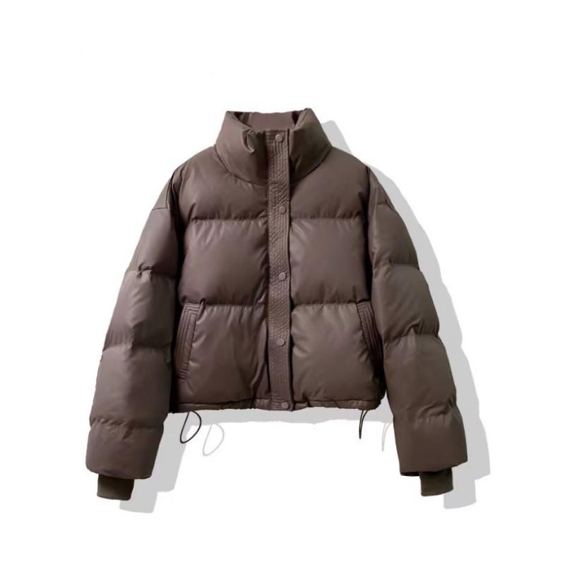 Women Winter Solid Color Fluffy Short Bread Clothes Long Sleeve Half High Neck PU Jacket