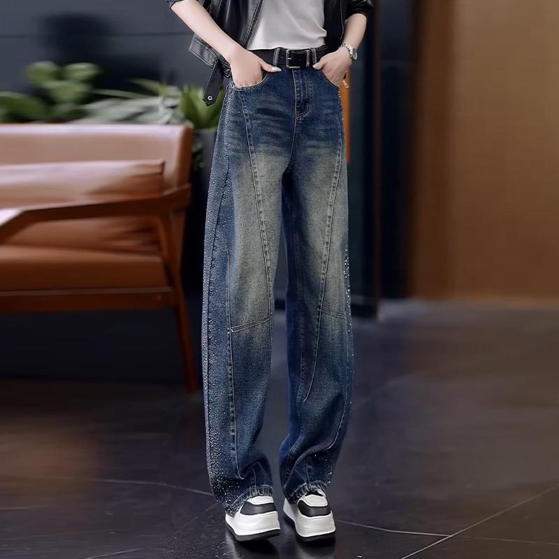 

Trendy High-Waist Rhinestone Denim Wide-Leg Pants for Women - Spring 2026 Edition S up to 95 jin джинсовий/синій