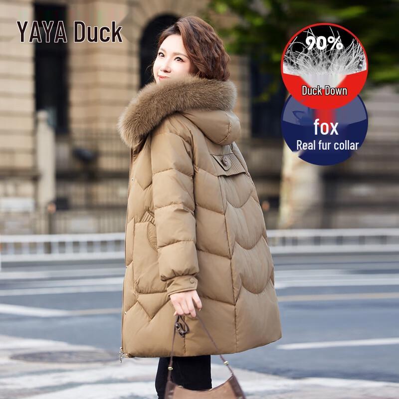 YAYA Women's 2025 Winter Mid-Length Hooded Down Jacket with Fox Fur Collar
