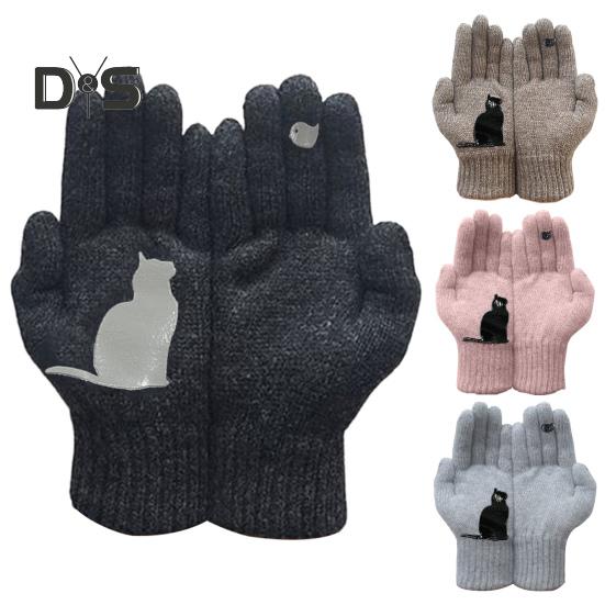 1 Pair Winter Knitted Gloves Thick Plush Solid Color Cat And Bird Printing High Elasticity Windproof Keep Warm Cycling Gloves