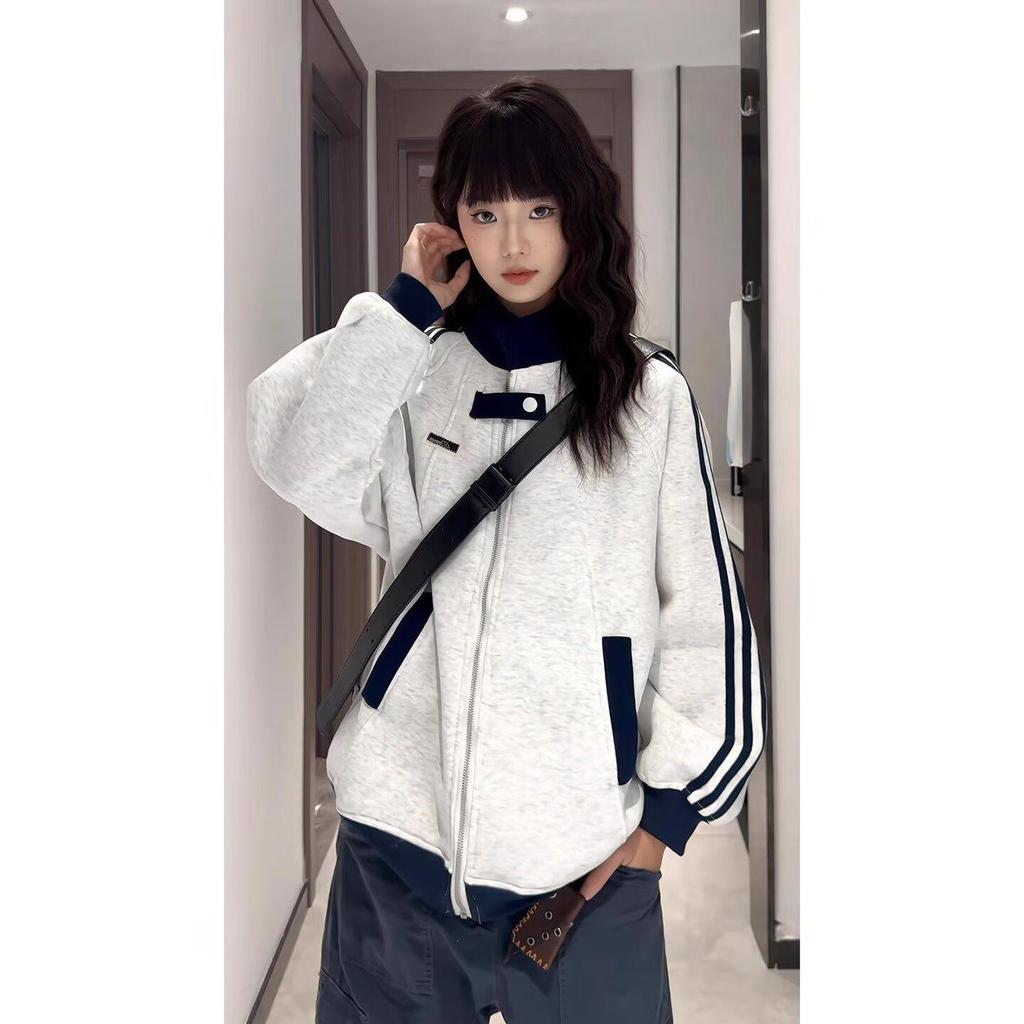 Unisex College Style Baseball Hoodie Jacket: Trendy, Loose-Fit, Stand-Up Collar for Autumn/Winter.