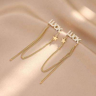 2023 Nuovo acciaio al titanio moda stile europeo e americano diamante flusso su personalità personalizzata orecchini lunghi versatili decorazione per le orecchie in oro 14k