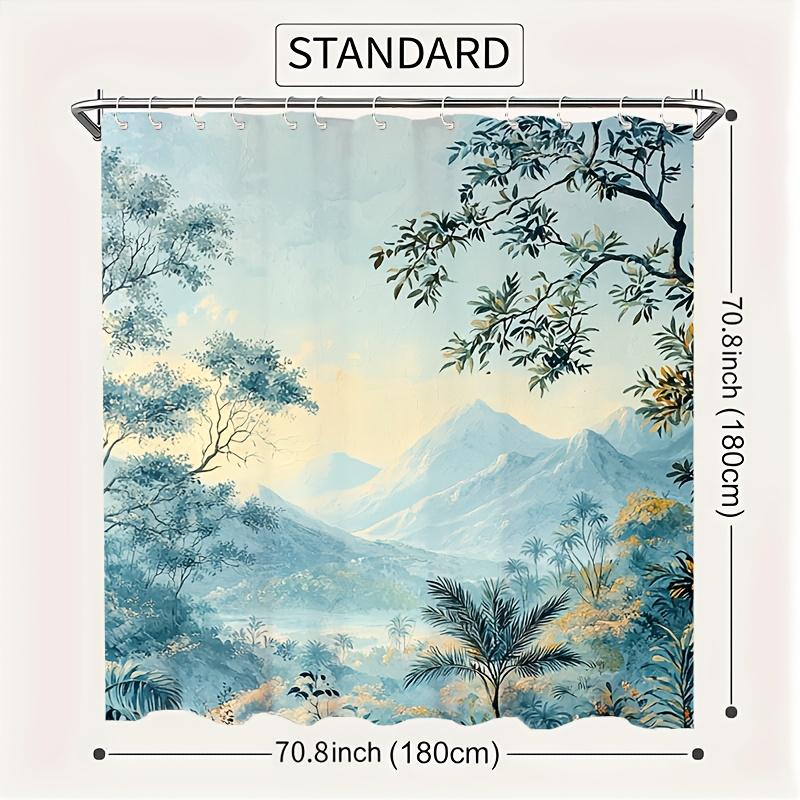 1pc Vintage Jungle Scene Shower Curtain with 12 Hooks - Majestic Mountains, Lush Foliage & Sunlit Canopy Design, 70.8x70.8 Inch