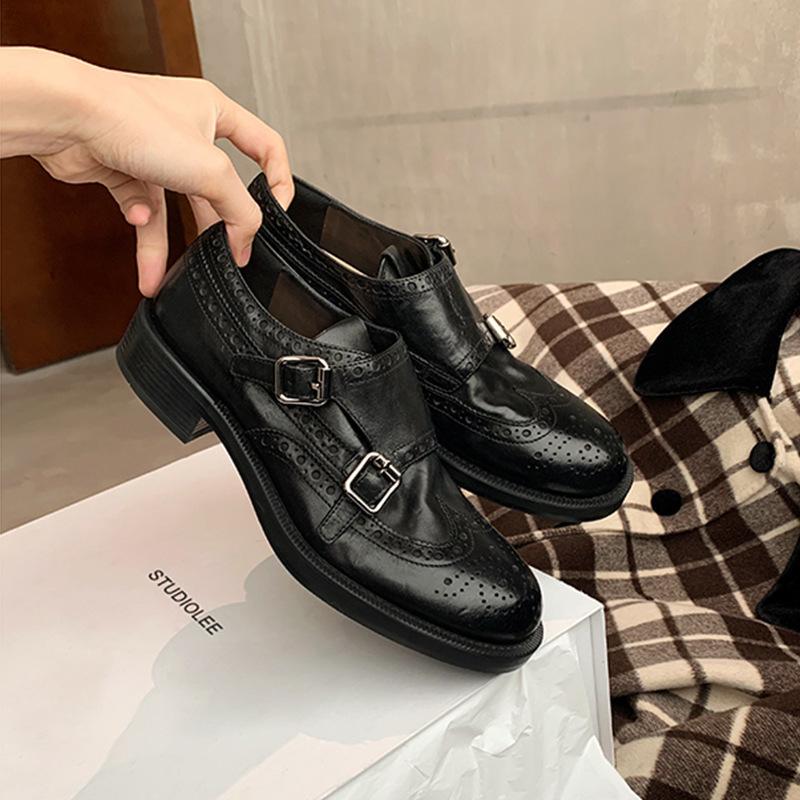 Grape mother the same style, Hatton College~ Shrinkage horse leather double buckle round head thick heel versatile British style leather shoes women