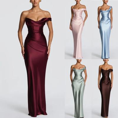 Vestido Maxi de una Sola Manga sin Mangas para Mujer Bodycon Cintura Alta Satén Sirena Vestido de Verano de Noche