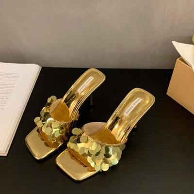 Summer  Niche High-end Cool Slippers Outer Wear Thin Heel Sequined High-heeled Sandals French Elegant Women's Shoes
