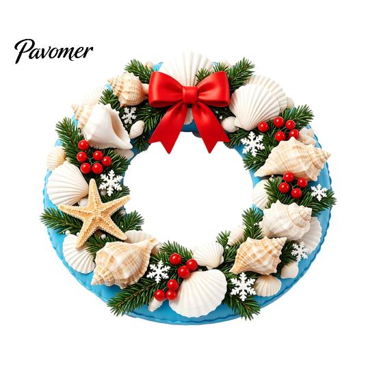 Waterproof Glass Window Film Ocean Style Christmas Wreath Stickers, PVC Static Decals with Sunproof Stickers Conch And Shell Elements, Seaside Clings