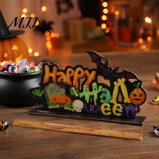 Spooky Haunted House Decor Halloween Wooden Ornaments for Tabletop Decorations, Stable Base Table Bat And Pumpkin Signs Centerpiece Home Party Tiered