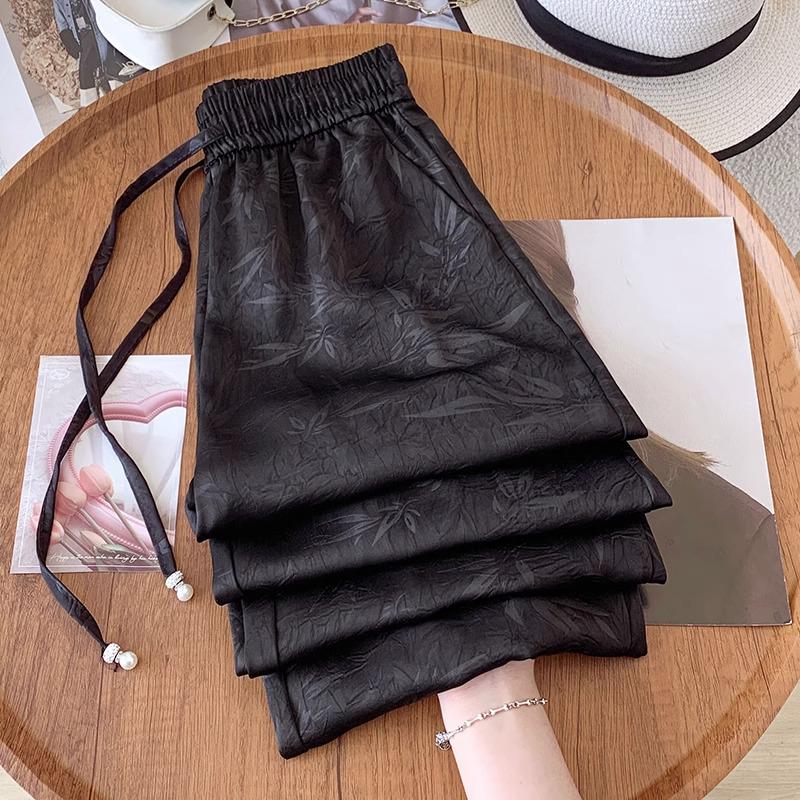 

Женские роскошные брюки палаццо из атласного шелка - Лето 2025, принт в национальном стиле, защита от солнца 2XL [Recommended for 125-135 lbs] чёрный