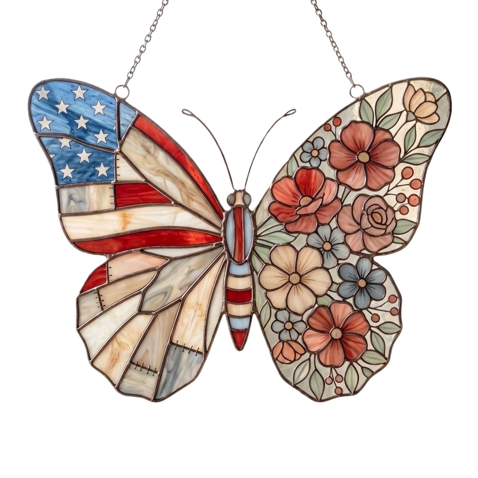 

Stained Glass Butterfly Hanging Panel with Flag and Floral Patterns for Indoor Outdoor Wall Window Decoration Art Ornament One Size