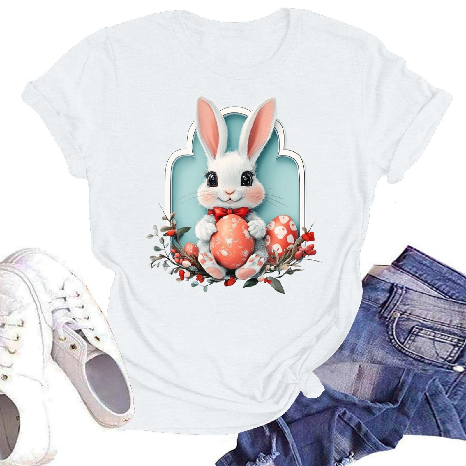 

З Великоднем Жіноча Мода Принтована Футболка з Круглим Вирізом та Коротким Рукавом Пуловер Топ XL білий