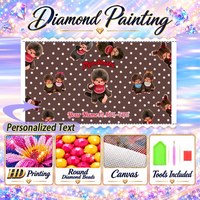 Monchhichi 5D DIY Diamond Painting Custom Name Text, Full Drill Rhinestone Mosaic Art Home Gift