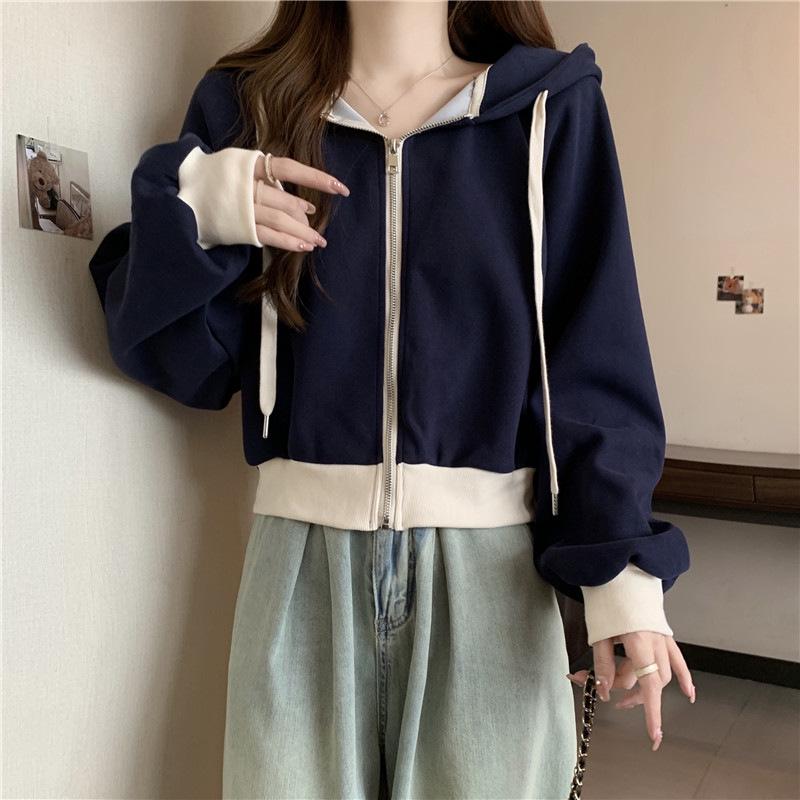 Korean Color Block Women's Hoodie Jacket - Autumn 2023, Short Drawstring, Zipper, Long Sleeve