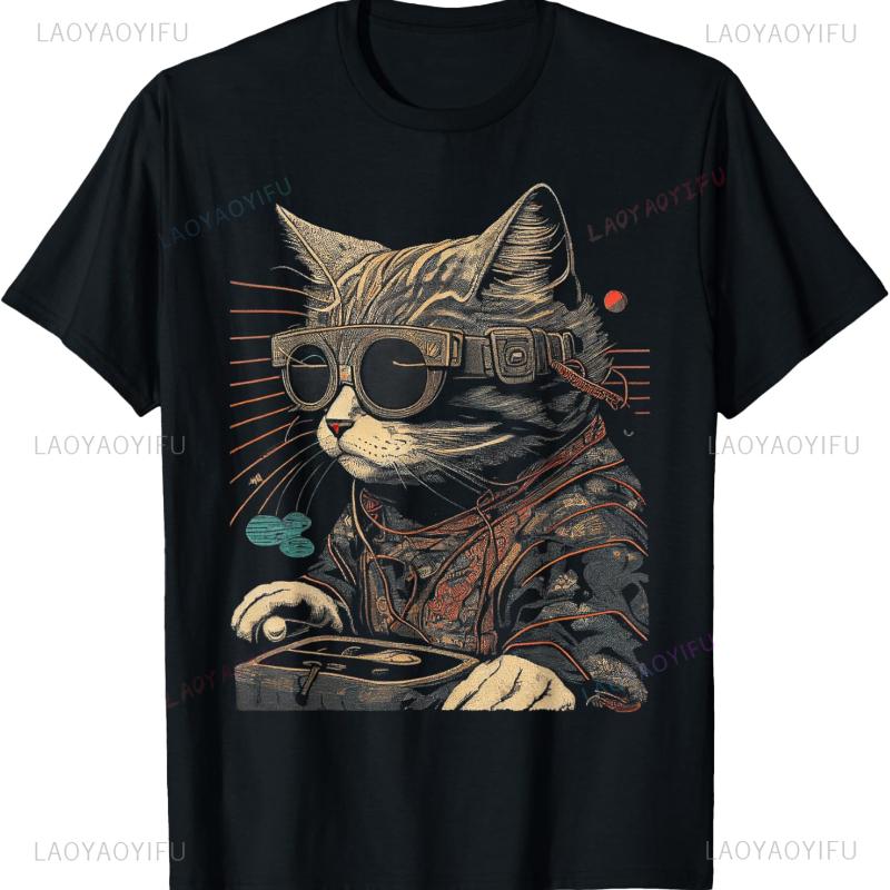 Japanese Woodblock Print Cool and Stylish Cat Wearing Vr Glasses Cotton T-Shirt Graphic T Shirts Goth Aesthetic Clothes Fashion